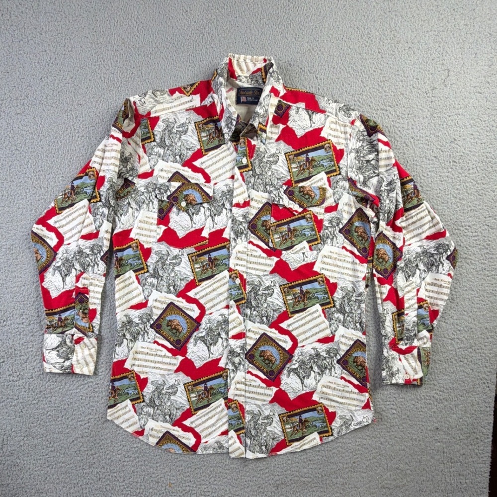 VTG Panhandle Slim Western AOP Button Up Shirt Mens 16.5x35 Buffalo Horse Stamp